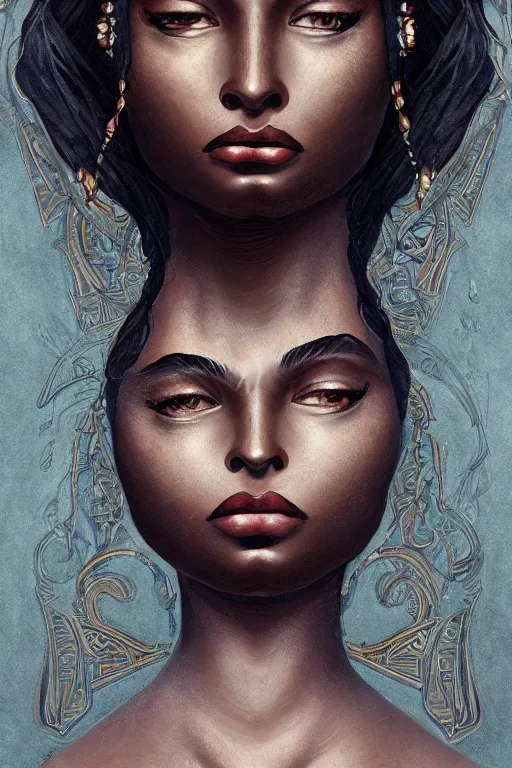 Image similar to A bust of a beautiful dark skinned Maori girl with large lips and smooth eyebrows and straight hair, HD, illustration, epic, fantasy, intricate, elegant, amazing detail, digital painting, artstation, concept art, smooth, sharp focus, illustration, art by Turine Tran