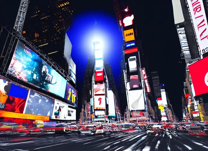 Image similar to film still of the moon shattering into pieces over time square in the new disaster movie, 8 k, night time