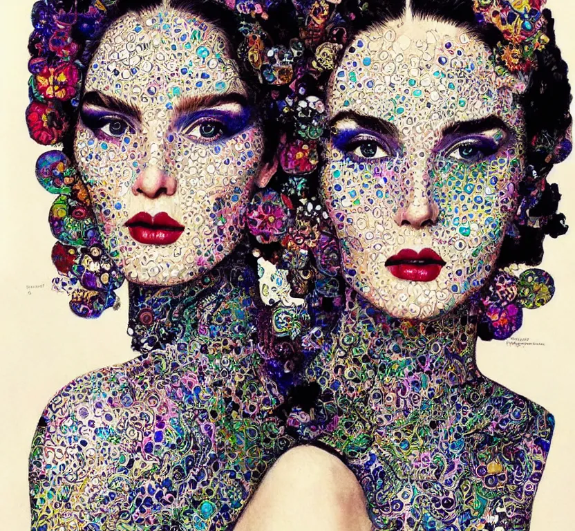 Prompt: allover painting face portrait of elegantly beautiful, fasionable, sophisticated iridescent corvus brachyrhynchos, intricate automatism, baroque, batik, ben - day dots by, norman rockwell, charles schulz, artgerm, vogue italia, trending on pinterest.