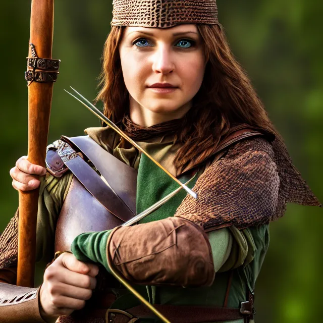 Prompt: beautiful female robin hood warrior, highly detailed, 8 k, hdr, smooth, sharp focus, high resolution, award - winning photo