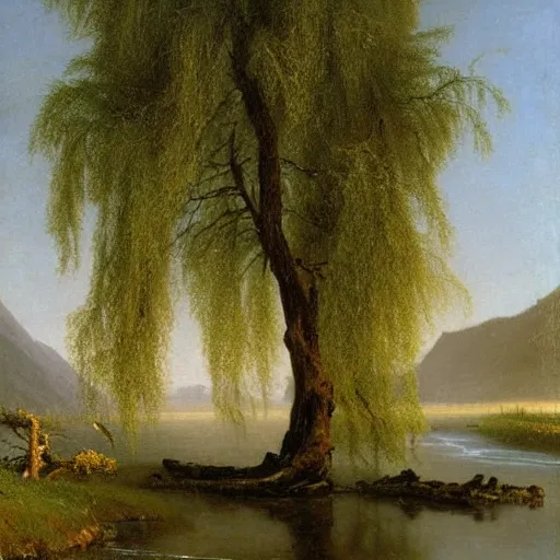 Image similar to oil painting of a willow tree next to a raging river by albert bierstadt, beautiful lighting - h 7 0 4