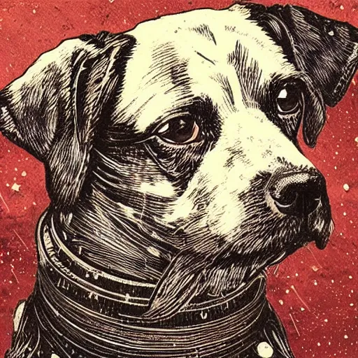 Image similar to Woodcut portrait of a beautiful cute dog with robot ears by falling into the stars greg rutkowski, 4k, intricate details