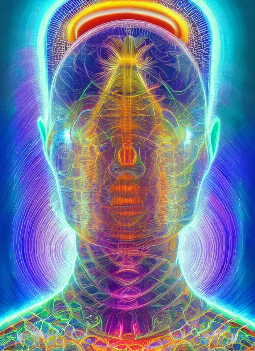 Image similar to humankind transcendence into collaborative intelligence, group intelligence, ai, by alex grey, album cover, award winning, beautiful, colorful, volumetric lighting, trending on artstation