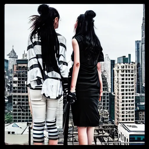 Prompt: “ two goth girls on city rooftop gorgeous, metropolitan city, detailed ”