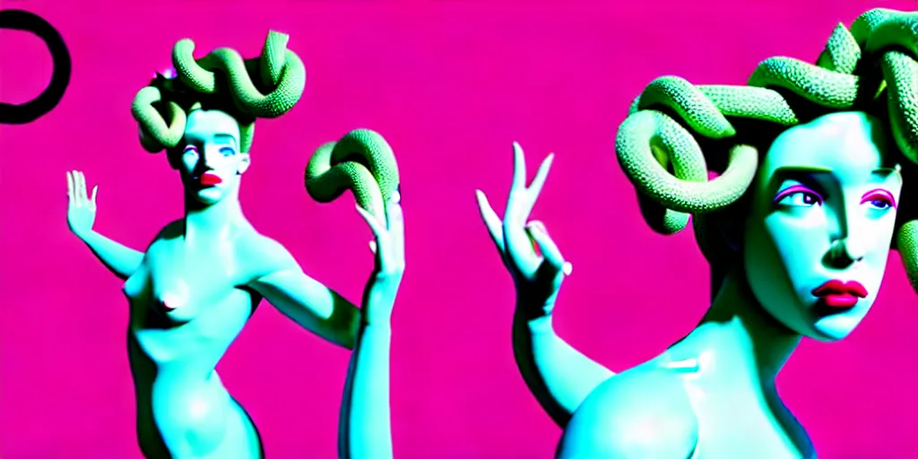 Image similar to modern sculpture, young woman as medusa as miranda sings, multiple poses, vaporwave, distorted vhs still