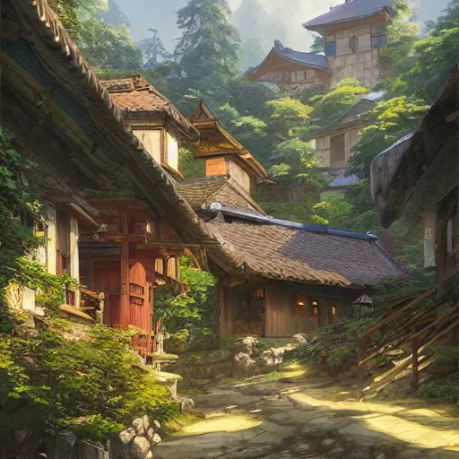 Prompt: concept art painting of a cozy village in a mountainous forested valley, historic european and japanese architecture, realistic, detailed, cel shaded, in the style of makoto shinkai and greg rutkowski and james gurney