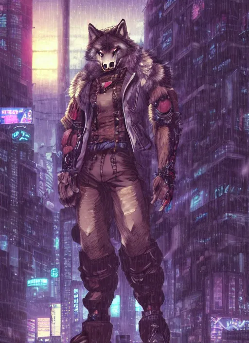 Image similar to character portrait of a muscular male anthro wolf fursona with a tail and a cute beautiful attractive detailed furry face wearing stylish cyberpunk clothes in a cyberpunk city at night while it rains. hidari, color page, tankoban, 4K, tone mapping, Akihiko Yoshida.