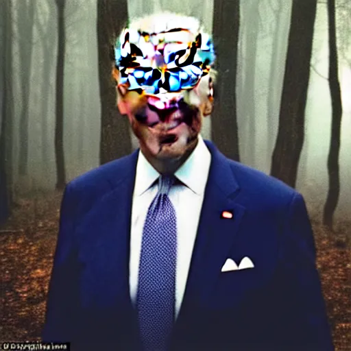 Image similar to joe biden with 4 arms, standing ominously barely in view far into the foggy woods with a demonic wide smile in his face, low quality iphone photo, creepy