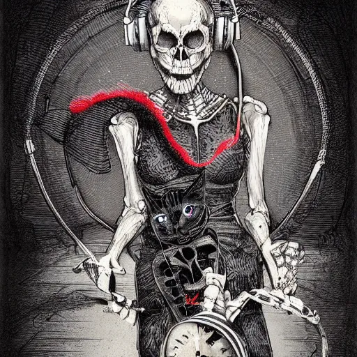 Image similar to skeleton wearing headphones, watching girl playing guitar while her black cat standing next to her, detailed intricate ink illustration, dark atmosphere, detailed illustration, hd, 4k, digital art, overdetailed art, by greg rutkowski, by loish, complementing colors, Trending on artstation