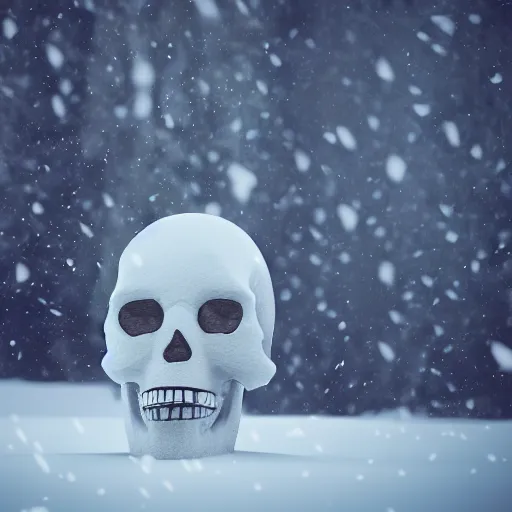 Prompt: skull sculpture covered in snow with a foggy background, 8 k, octane render, realistic, aesthetic