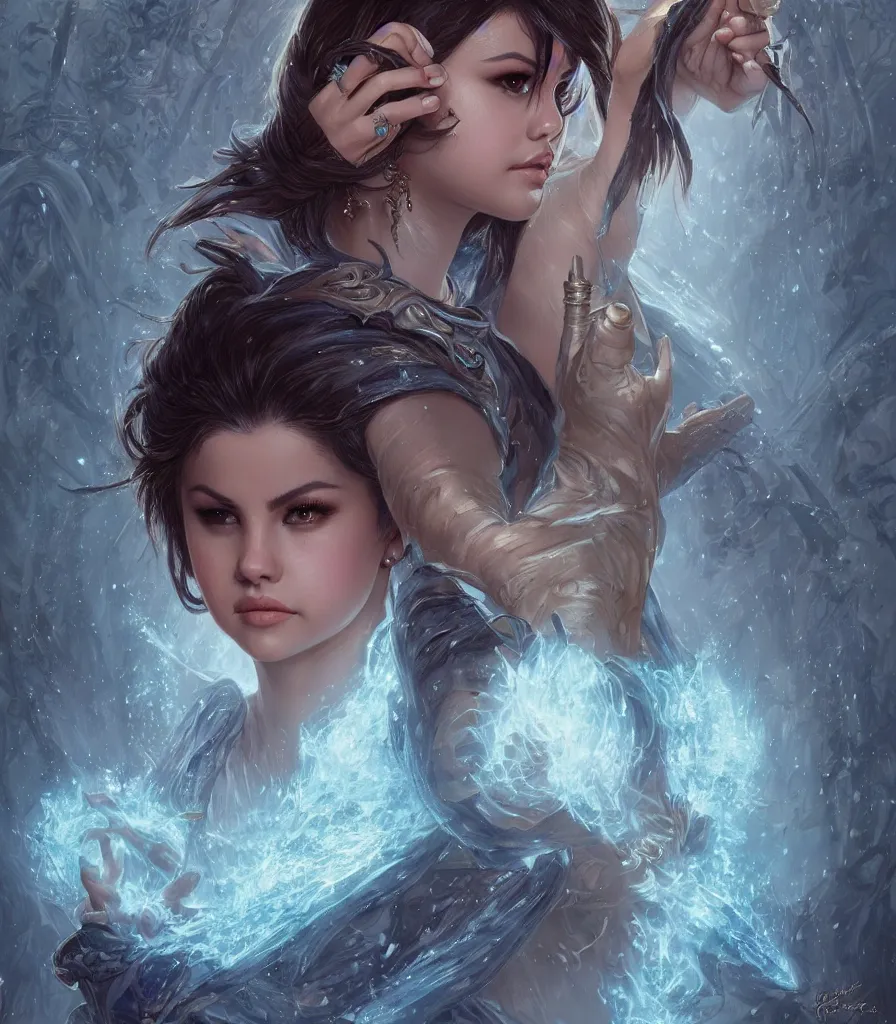 Image similar to Selena Gomez casting an frost spell, D&D, fantasy, intricate, elegant, highly detailed, digital painting, artstation, concept art, matte, sharp focus, illustration, hearthstone, art by Artgerm and Greg Rutkowski and Alphonse Mucha