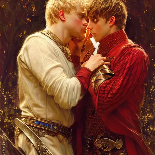 Image similar to stunning arthur pendragon in love with stunning male merlin the mage. they are close to each other, touching, looking. highly detailed painting by gaston bussiere, craig mullins, j. c. leyendecker