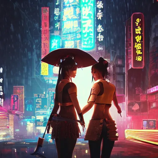 Prompt: two 2 beautiful female samurai, with straw hat, cyberpunk 2077, city background, rainy night, neon glow concept art, sharp focus, intricate, digital painting, artstation, official media, anime key visual, highly detailed, rich vivid colors ambient lighting, illustration, art by Artgerm, Makoto Shinkai, Ilya Kuvshinov, Lois Van Baarle and Rossdraws