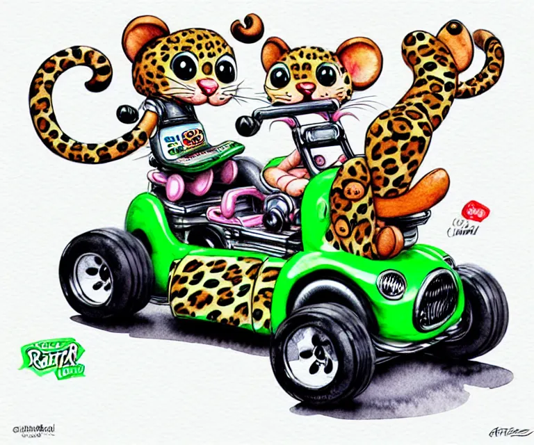 Image similar to cute and funny, baby leopard riding in a tiny go kart with oversized engine, ratfink style by ed roth, centered award winning watercolor pen illustration, isometric illustration by chihiro iwasaki, edited by range murata, tiny details by artgerm and watercolor girl, symmetrically isometrically centered