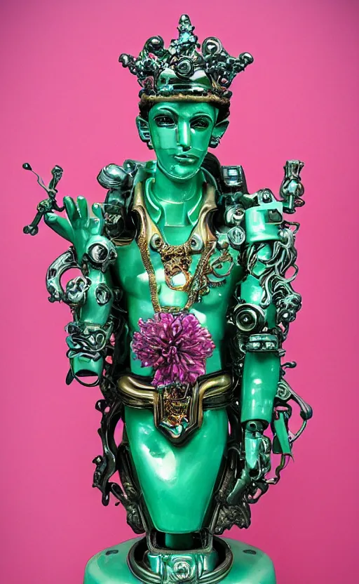 Prompt: a young handsome latino ceramic and pink iron-plated android prince with a large glowing mint crystal in the center of his chest, full-body bronze cyberpunk style statue of Andromeda with glowing green laser eyes, crown of mechanical chrysanthemums, flowing aqua silk, fabric, steampunk flowers. baroque elements, human hands. full-length view. baroque element. intricate artwork by caravaggio. many flying horses on background. Trending on artstation, octane render, cinematic lighting from the right, hyper realism, octane render, 8k, depth of field, 3D