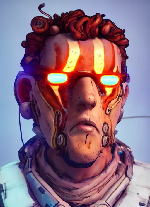 Image similar to glowwave portrait of curly orange hair man from borderlands 3, au naturel, hyper detailed, digital art, trending in artstation, cinematic lighting, studio quality, smooth render, unreal engine 5 rendered, octane rendered, art style by klimt and nixeu and ian sprigger and wlop and krenz cushart.