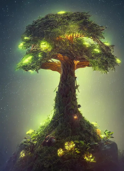 Image similar to friendly Tree Ent on a bioluminescent biome of oddities, oddities everywhere, enchanted, magical, cinematic shot, intricate, ornate, photorealistic, ultra detailed, realistic, 100mm, photography, octane, high definition, depth of field, bokeh, 8k, behance, artstation