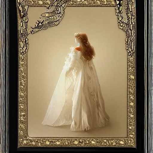 Prompt: A beautiful digital art. She coalesces into a tall woman in a white dress, diamonds around her neck, hair carefully arranged in auburn waves, young and old at the same time. origami by Don Maitz, by Anders Zorn ornate