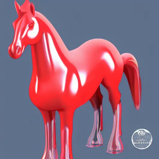 Prompt: 3d model glass horse filled until the middle with red juice walking and spilling. fully visible. art station. magnificent