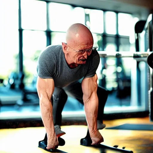 Image similar to “photograph of Walter white working out at the gym, 50mm bokeh, studio lighting, golds gym,”