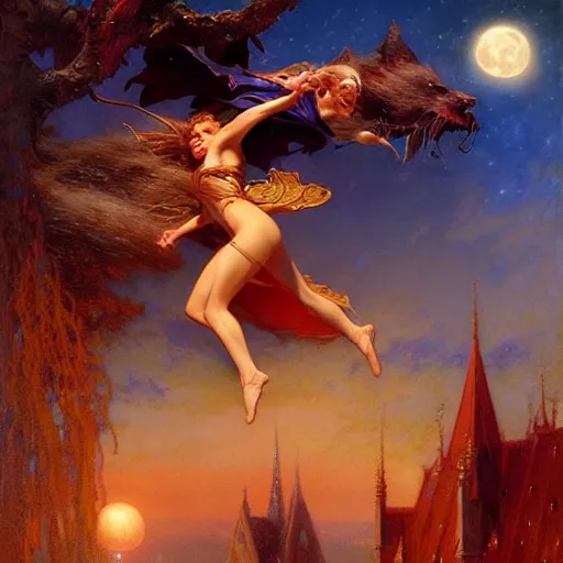 Image similar to attractive witch magically flying trough the night, fantasy, full moon in background. highly detailed painting by gaston bussiere, craig mullins, j. c. leyendecker 8 k