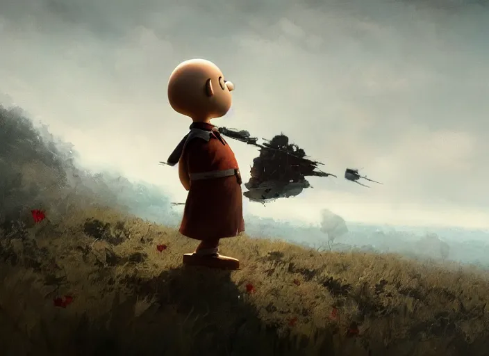 Prompt: close up cinematic artwork of Charlie brown staring down the enemy on the battlefield by Greg Rutkowski, 4k, masterpiece