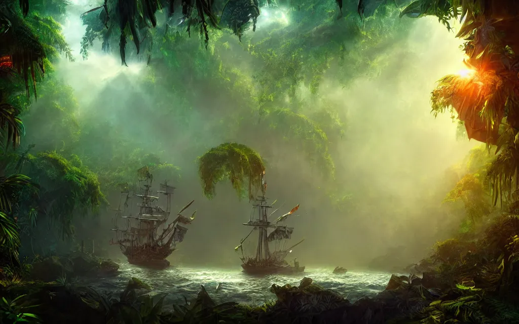 Image similar to a large pirate ship in a dense jungle, misty background, light rays, beautiful lighting, vivid colors, intricate, elegant, highly detailed digital painting, concept art, smooth, sharp focus, unreal engine, 4 k wallpaper, trending on cgsociety, trending on artstation