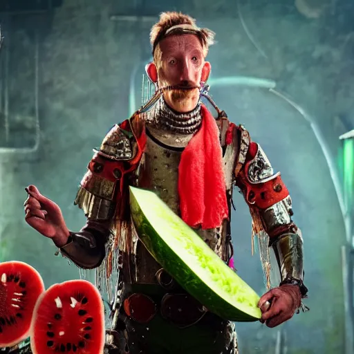 Image similar to nigel thornberry wearing medieval armor, smashing a watermelon, cyberpunk, vivid, neon, universe background