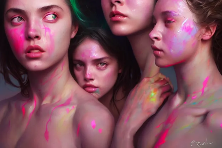 Prompt: three college girls rolling hard on ecstasy, drenched in sweat and covered in florescent paint, kissing sensually with dilated pupils, realistic portrait, highly detailed, digital painting, artstation, concept art, smooth, sharp focus, illustration, cinematic lighting, art by artgerm and greg rutkowski and alphonse mucha