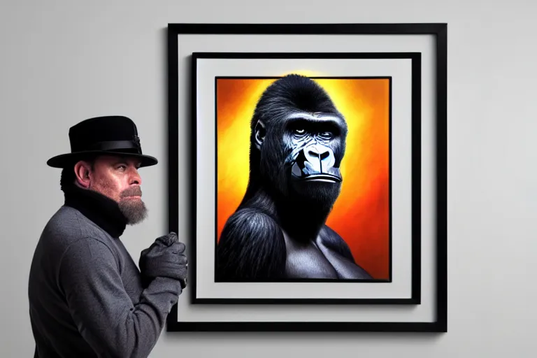 Prompt: Gorilla standing beside a framed illustration of a vividly colored portrait of a man wearing a turtleneck and an admiral’s hat, hyperrealistic, concept art, 8k, artstation, cinematic, volumetric lighting