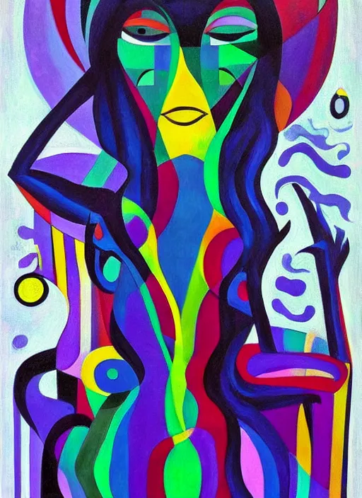 Image similar to surrealism, abstract, a dark witch in front of the full big moon, painting by agam yaacov, gertrude