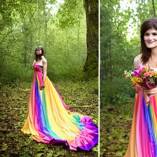 Image similar to picture of gemma arterton wearing a long rainbow wedding gown, sitting in a colorful forest