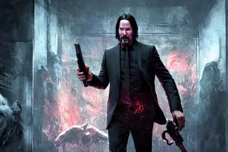 Image similar to keanu reeves as john wick, doom eternal concept art, killing demons, cinematic