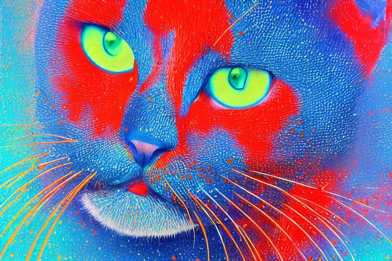 Prompt: digital art portrait of a blue robot cat with a red clown nose. soft ambient light. paint stippling, paint spatters, paint dribbles, paint splatters. rich vivid color, rich texture. aesthetically pleasing. dynamic, elegant, silly.