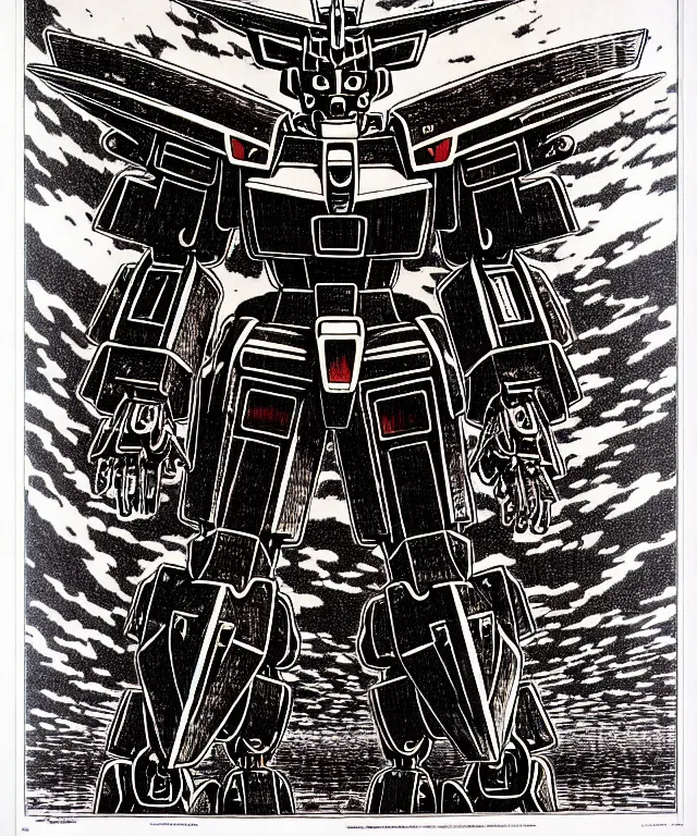 Prompt: symmetrical image of a gundam mecha robot, extremely high details, masterpiece engraving by takato yamamoto, gustave dore, jean giraud, philippe druillet