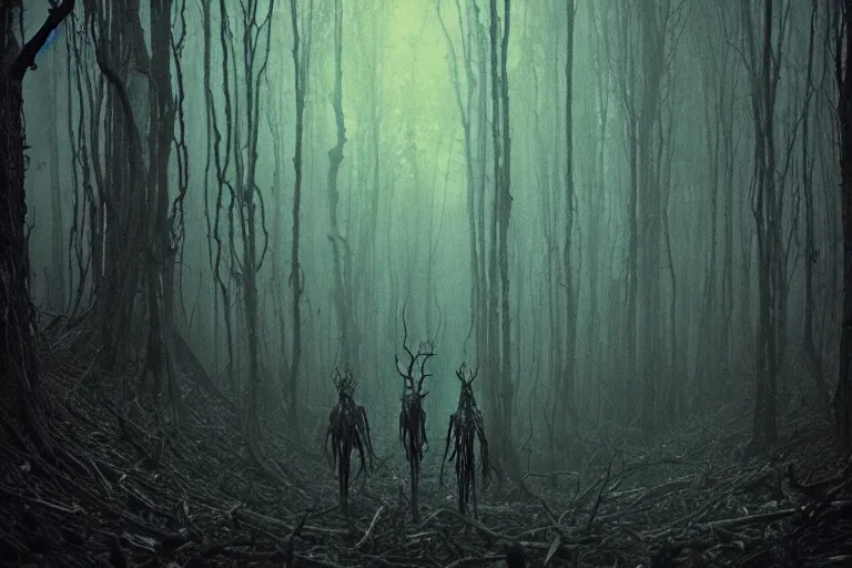 Prompt: dark forest full of horros, wispy evil dead forest, lovecraft tentacle wispy entity with firefly wings, neochromatic colors, metal acid glow, dark eerie photo, photo pic taken by beksinski gammell giger mcfarlane