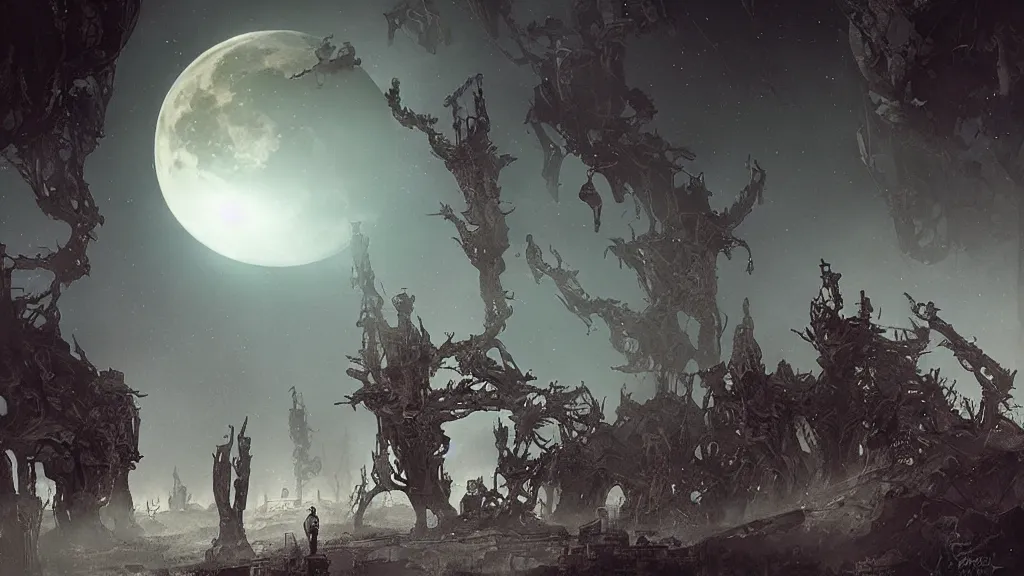 Prompt: eerie atmospheric alien moon by yoann lossel and stephan martiniere, cinematic matte painting