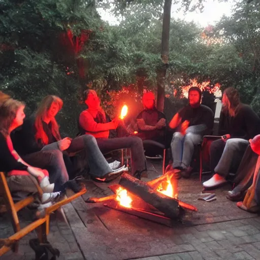 Prompt: 6 people sitting around a fire, singing. red neon lights tables nearby