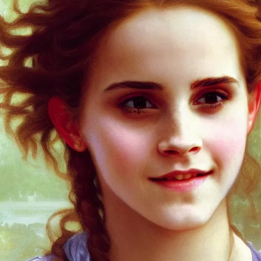 Image similar to Painting of Emma Watson as Hermione Granger. Smiling. Happy. Cheerful. Art by william adolphe bouguereau. Extremely detailed. Extreme close up. Beautiful. 4K. Award winning.