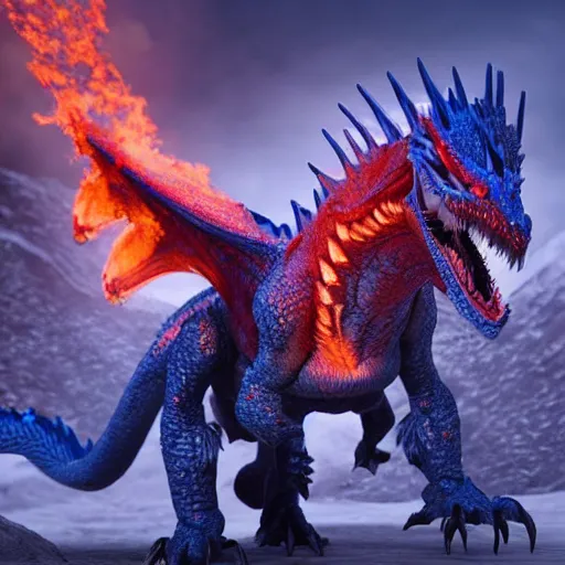 Image similar to perfectly accurate cobalt colored dragon from game of thrones breathing fire in winter, fine detail, lifelike, photo, high resolution, octane render, post processing, after effects, trending on artstation