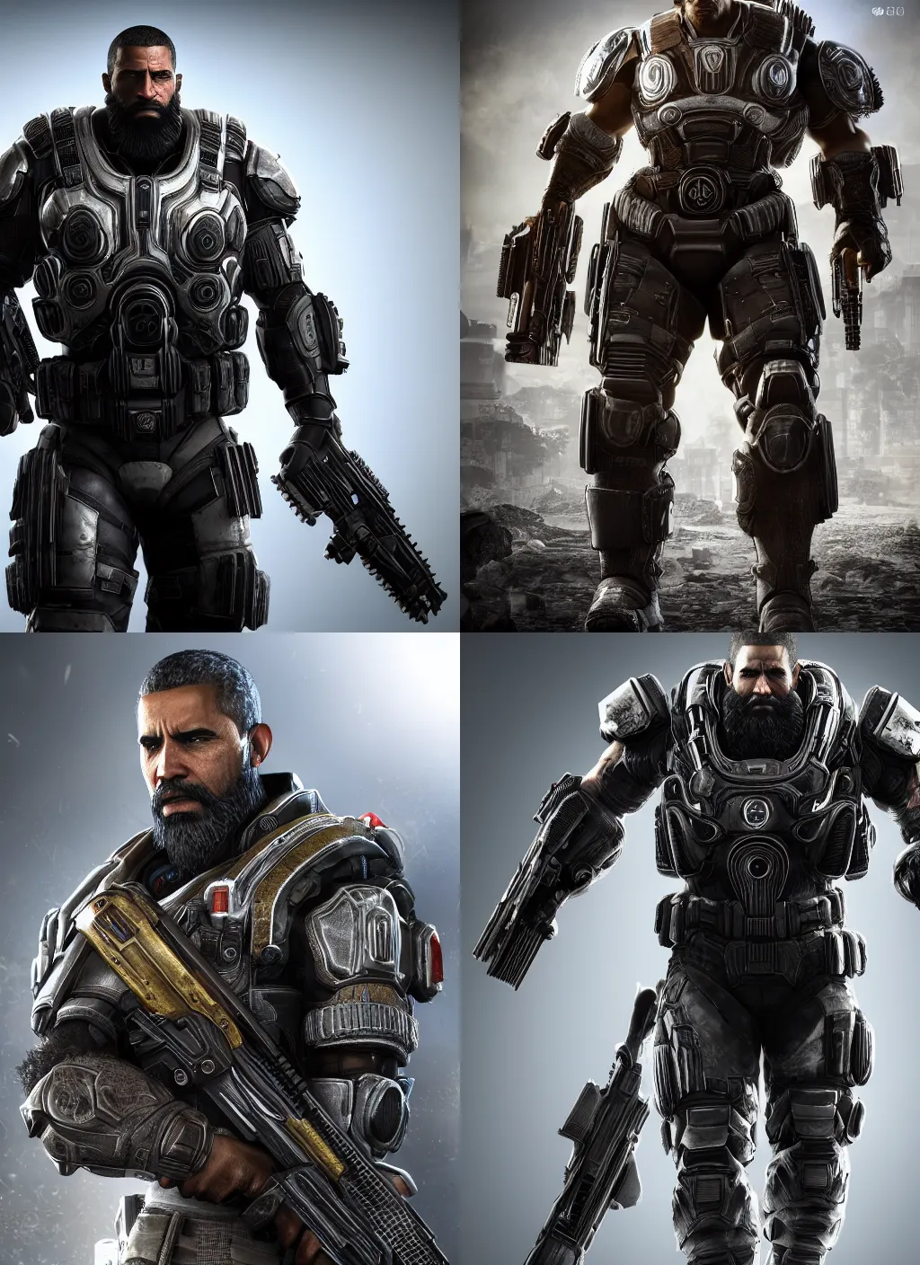 Prompt: full body character portrait of bearded barack obama in gears of war wearing cig armor, metal gear rising, metal gear, barack obama, octane render, 8 k, realistic face, ray tracing, ps 5, subsurface scattering, realistically proportioned head, realistically proportioned face, ambient occlusion