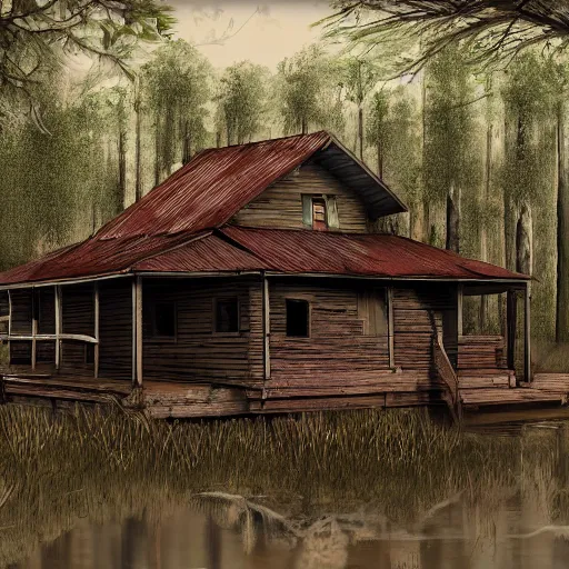 Image similar to digital concept art of old wooden cabin in florida swamp, trending on artstation