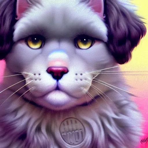 Image similar to a cute goldendoodle with tilted head and a fluffy grey cat, focus close on eyes, eighties holographic art by ilya kuvshinov monet range murata artgerm katsuhiro otomo norman rockwell, highly detailed intricately sharp focus, trending on pinterest vogue italia unreal engine