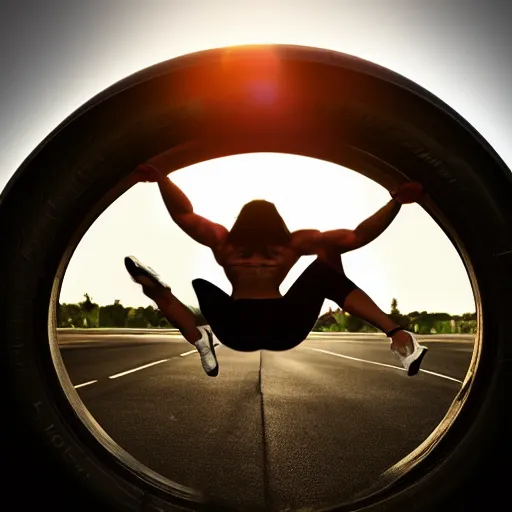 Prompt: car jumping, bodybuilder, woman, holding, photo, digital art, hands, underbody, throw, tire, standing, asphalt