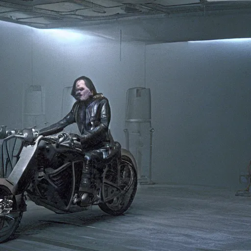 Image similar to a man sitting on a motorcycle in a room, a screenshot by giger, cg society, holography, reimagined by industrial light and magic, movie still, sci - fi