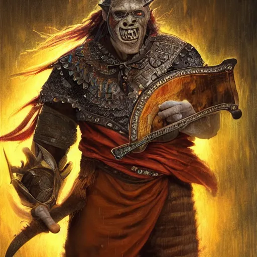 Image similar to detailed photo of a orc bard portrayed by Gary Busey witha lute, 8k,by Tristan Eaton, Stanley Artgermm, Tom Bagshaw, Greg Rutkowski, Carne Griffiths, trending on DeviantArt, face enhance, hyper detailed ,full of color, dramatic lightning, epic stance