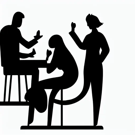 Image similar to The digital art depicts two people, a man and a woman, sitting at a table. The man is looking at the woman with a facial expression that indicates he is interested in her. The woman is looking at the man with a facial expression that indicates she is not interested in him. There is a lamp on the table between them. vantablack, cutaway by Nicolas Mignard casual, kaleidoscopic