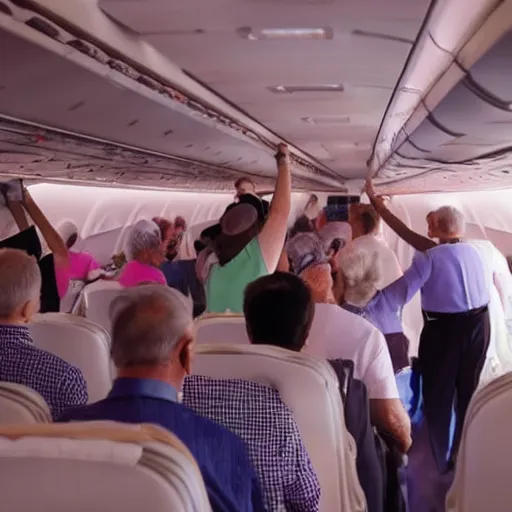 Image similar to old people dancing, inside airplane, 4k