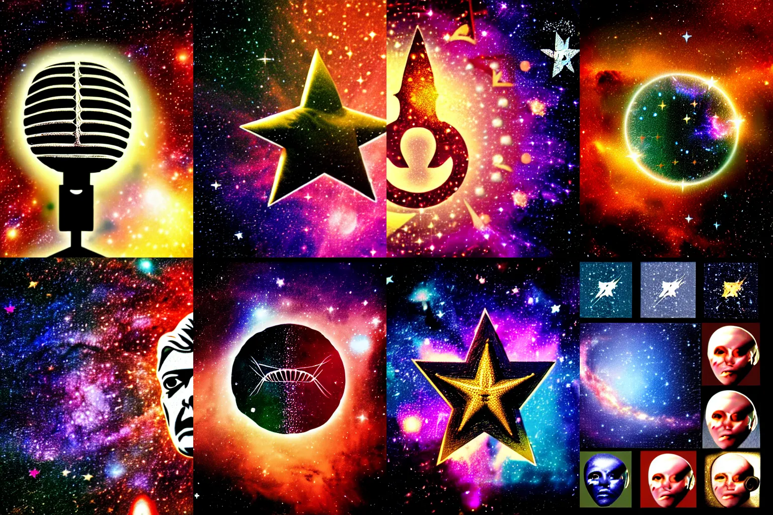 Prompt: microphone silluette, zodiac sign, david bowie face in star, stars, galaxy, milkyway, hubble photo, realistic photo, big nebula as clover, hyper realistic, detailed