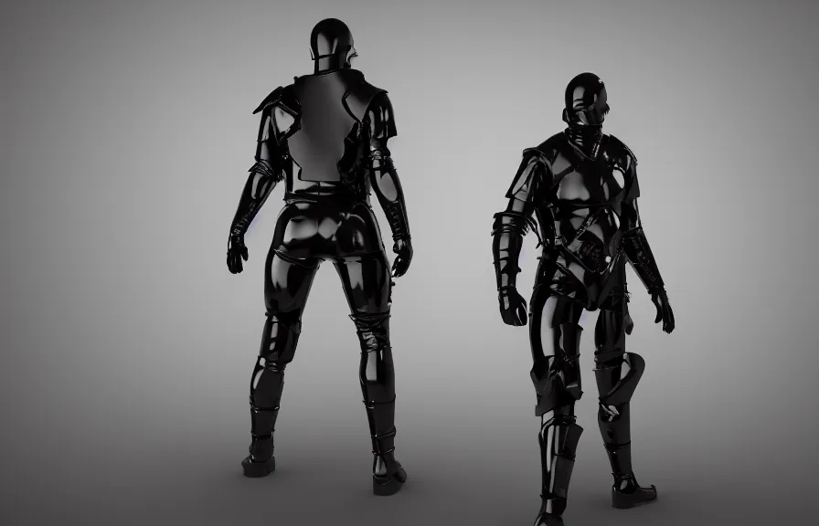 Prompt: futuristic warrior with black latex, with his back to the viewer, futuristic latex armor, back light, full body view, 8 k, 3 d render, cinematic lighting